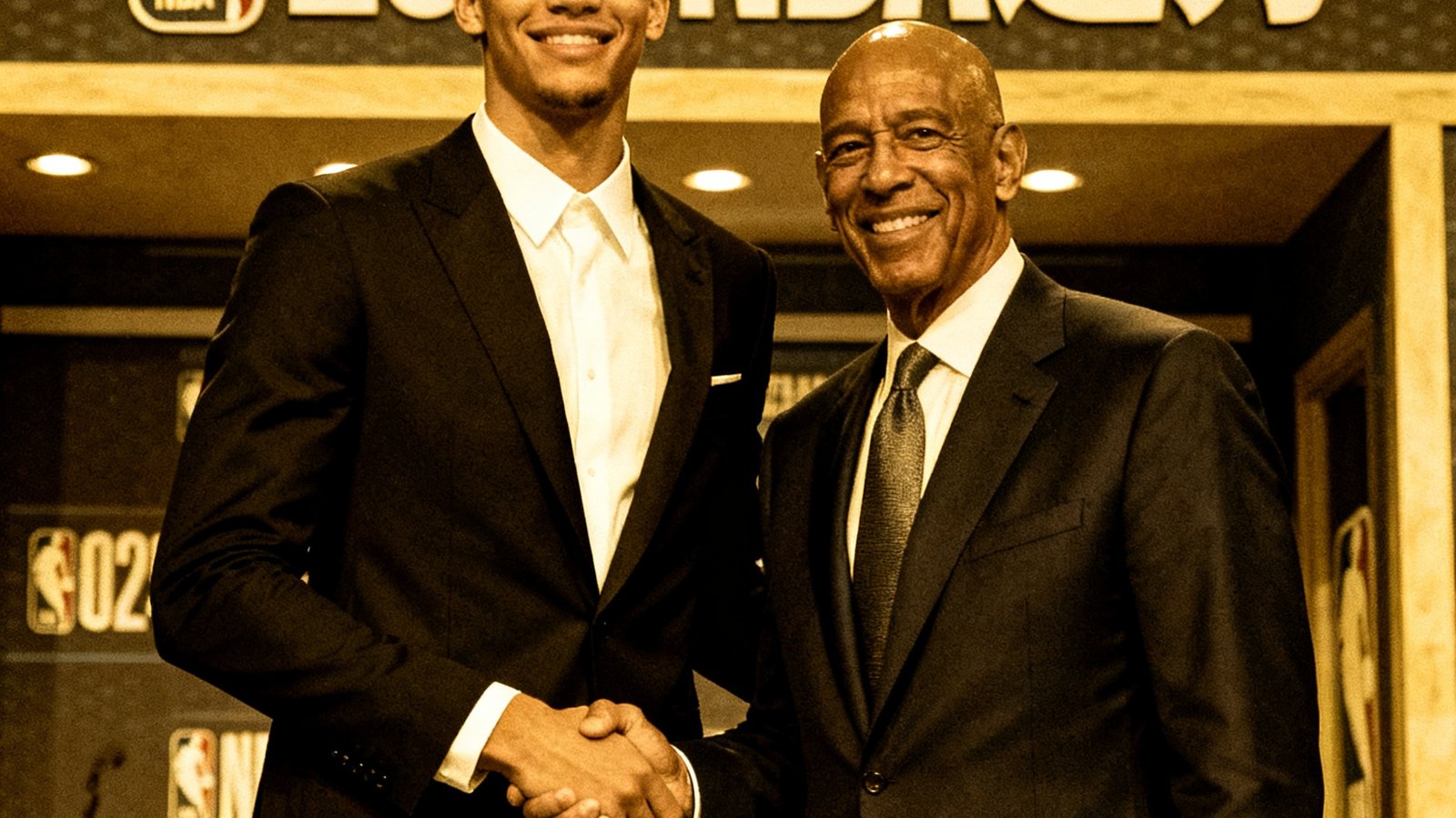 NBA选秀大会现场新秀球员穿着正装与联盟总裁握手合影留念的正式场合